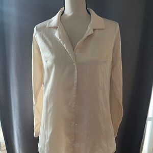 Cream Long Sleeve Notched Collar Button Down Shirt